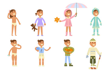 Set with babies. Different weather. Flat design, boy and girl in apparel of various seasons. Cartoon characters, illustration vector eps10