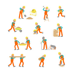 Fototapeta premium Illustration of construction workers. Characters laborers in different poses in flat design. Construction workers Isolated on white background. Vector cartoon of construction workers