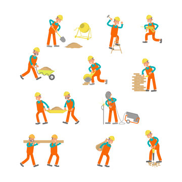 Illustration of construction workers. Characters laborers in different poses in flat design. Construction workers Isolated on white background. Vector cartoon of construction workers