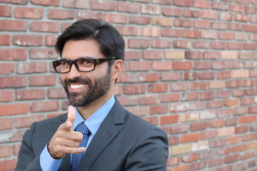 Salesman pointing to viewer 