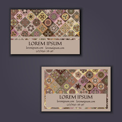 Vector Business card Design Template with Ornamental geometric mandala pattern. Vintage decorative elements. Hand drawn tile background.
