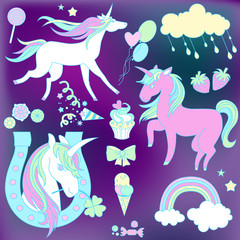 White and pink unicorns with sweets on violet background.