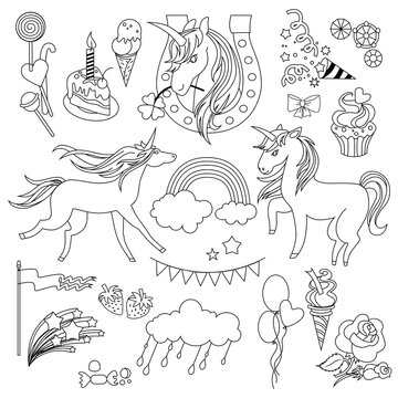 Unicorns are depicted in the style of school drawing with a ballpoint pen and sweets.