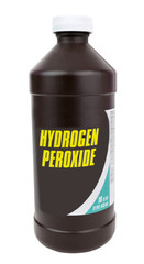 Brown plastic bottle of hydrogen peroxide. Isolated. Vertical.