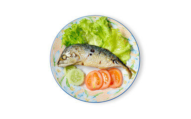Mackerel salad tomato and cucumber on dish isolated background.