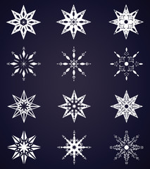 Twelve white snowflakes of a different form on a blue background