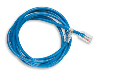 Twisted pair (patch cord) blue network Internet cable with shadow isolated over white background. Top view.