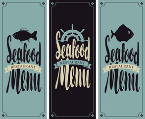 vector set cover menu for seafood restaurant with a picture of fish and ship helm