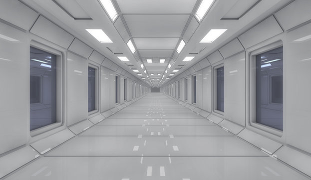 3D render. Futuristic spaceship interior architecture