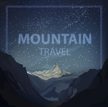 Hipster wilderness typography poster with mountains. Vector illustration. abstract landscape The night the starry sky