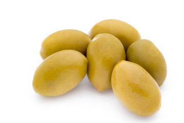Green big olives on the white background.