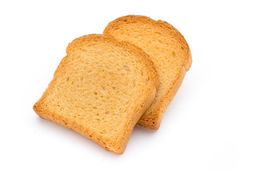 Slices of toast bread on wooden table, top view.