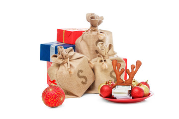 Christmas box gifts isolated on white. Concept with money, santa cap.