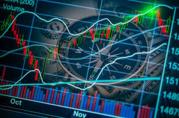 stock market chart with compass and money. Forex stock exchange background