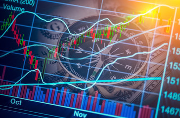 stock market chart with compass and money. Forex stock exchange background