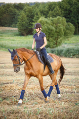 woman riding on brown horse wearing helmet