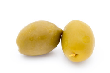 Green big olives on the white background.