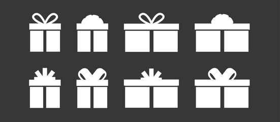 Wrapped Gift Present Box With Bow Ribbon Vector Silhouette Icon Set 