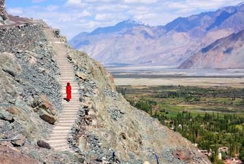 06.07.2011, India, Ladakh, A lone monk in Nubra Valley. Ladakh