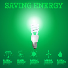 Renewable energy infographic.Luminous bulb on green Luminous background with Alternative energy resources logos-solar panel,fusion power,sun electricity,wind turbine,hydro energy.Saving energy concept