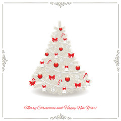 Christmas tree decorated in silver and red colors isolated on white.
