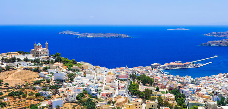 Greece Syros Island High Resolution Panorama of Ermoupoli and Ano Syros Traditional White Orthodox Church on Hilltop Overlooking Port and Aegean Sea Capital of Cyclades Scenic Travel