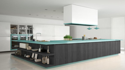 Minimalistic white kitchen with wooden and turquoise details, mi