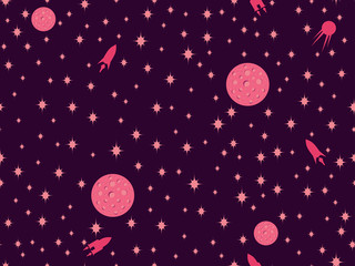 Outer space seamless pattern with spaceships, asteroids and stars in the retro style of the 80's. Vector illustration.