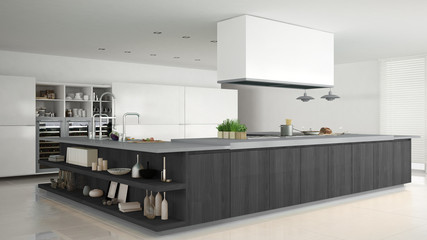 Minimalistic white kitchen with wooden and gray details, minimal