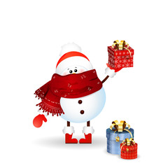 Cute snowman holding a gift box isolated on white background. Vector illustration