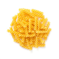 Heap of spirali pasta isolated on white background. Top view