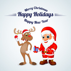 Fototapeta na wymiar funny happy cartoon Christmas Reindeer with Santa Claus