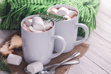 Hot chocolate with marshmallows and cookies