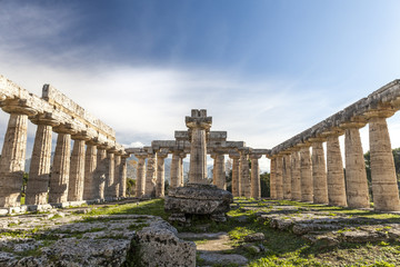 Internal view of greek Hera temple in Paestum, Salerno Italy