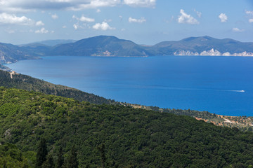 Naklejka na ściany i meble Panorama of Assos village and beautiful sea bay, Kefalonia, Ionian islands, Greece