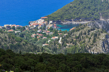 Fototapeta na wymiar View of Assos village and beautiful sea bay, Kefalonia, Ionian islands, Greece