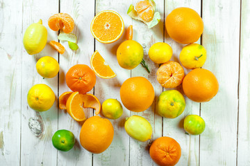 Citrus fresh fruit on the white wooden table