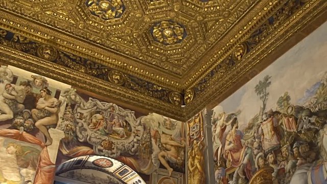 FLORENCE, ITALY. Beautiful golden ceiling of Palazzo Vecchio and Interior of Palazzo Vecchio.