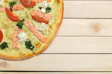 Delicious italian pizza served on wooden table