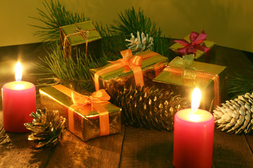 Christmas or New Year gifts on wooden background
