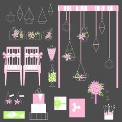 Vector set of decorative wedding elements. Chairs, arch, cake,  flowers, bouquet, gifts. Vector illustration