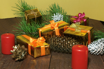 Christmas or New Year gifts on wooden background