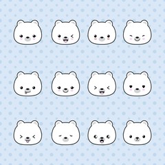 Set of Cartoon polar bear stickers. Funny and kawaii smiles, emoji, expressions, emoticons. Vector illustration.