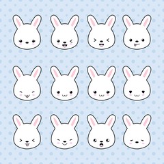 Set of Cartoon bunny stickers. Funny and kawaii smiles, emoji, expressions, emoticons. Vector illustration.