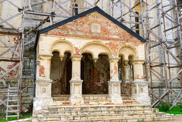 Rostov, Russia - August 31, 2009: Restoration of Assumption Cathedral in Rostov Kremlin. Entrance at south side