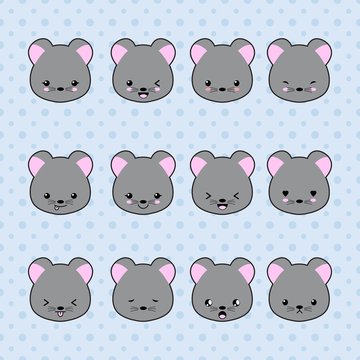 Set of Cartoon mouse stickers. Funny and kawaii smiles, emoji, expressions, emoticons. Vector illustration.