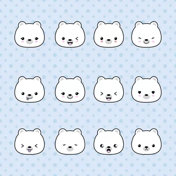 Set of Cartoon polar bear stickers. Funny and kawaii smiles, emoji,  expressions, emoticons. Vector illustration. Stock Vector