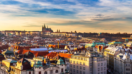 Naklejka premium Buildings and landmarks of old town with red rooftops and multi-coloured walls. Prague, Czech Republic.