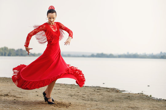 Flamenco Dancer Spain Womans In A Long Red Dress