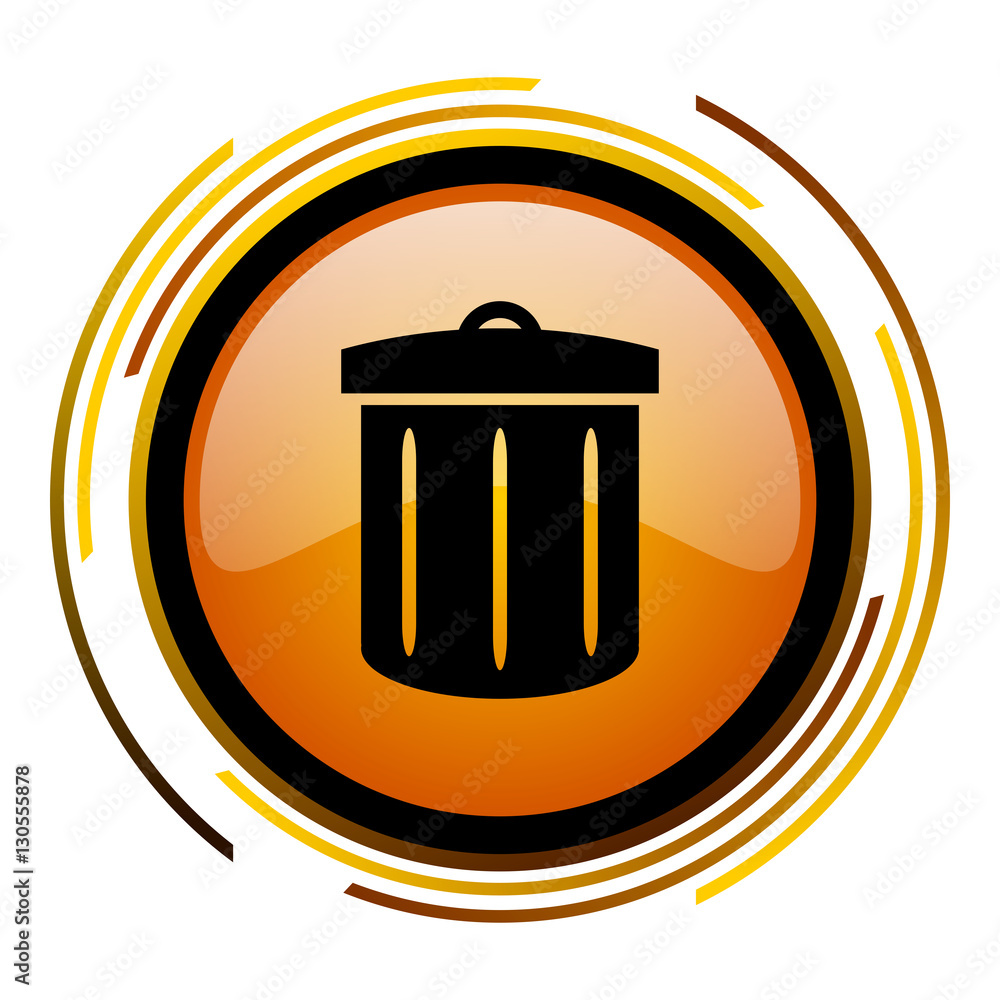 Poster trash can sign vector icon. modern design round orange button isolated on white square background fo